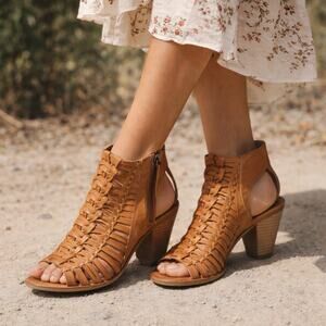 Paul Green Miranda Woven Leather Gladiator Sandal Heel Brown 5.5M Boho Western